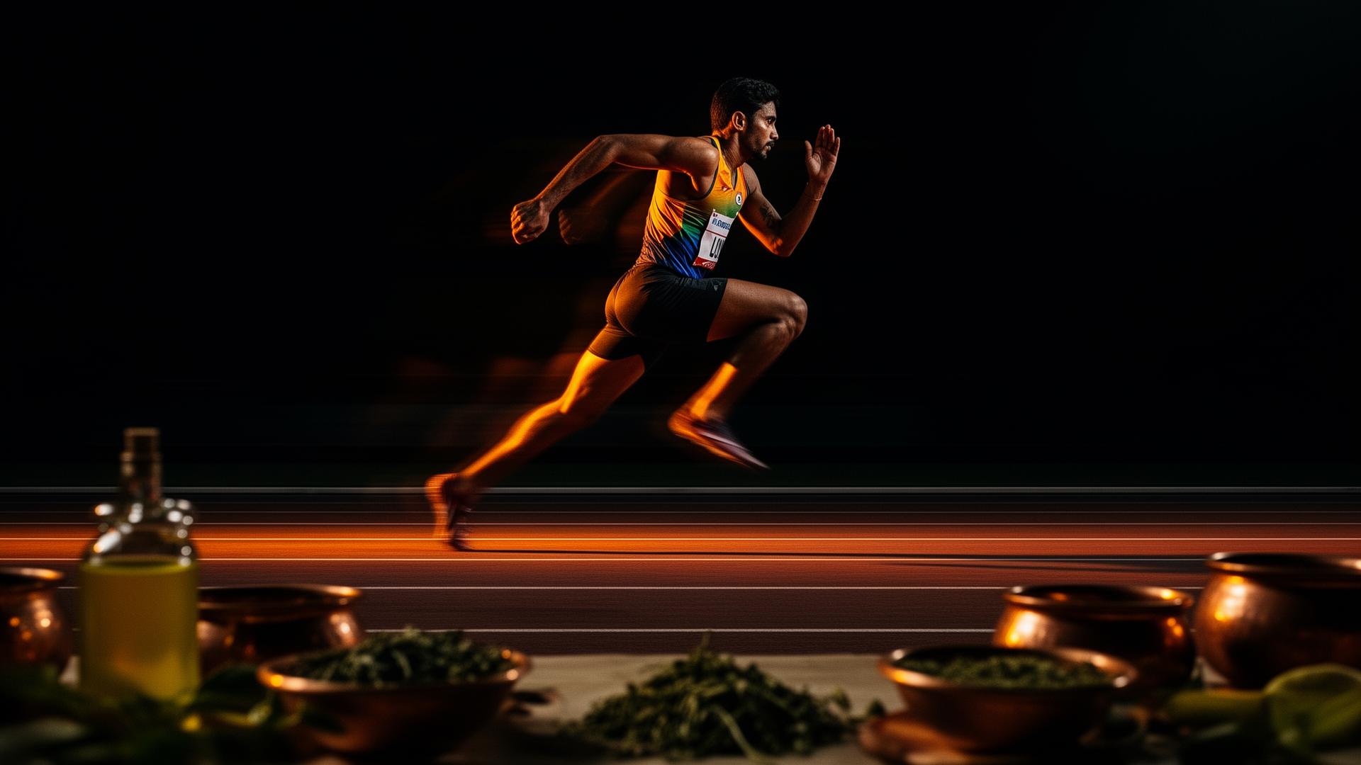 Athlete sprinting with Ayurvedic herbs and copper bowls in foreground